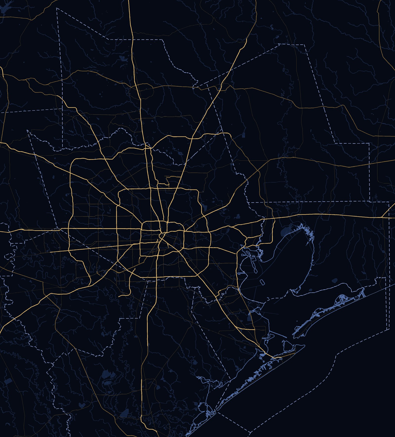 Map of Greater Houston showing highways, county lines and the Gulf coast